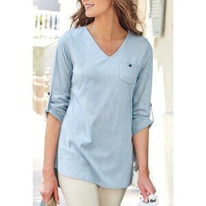 Soft Surroundings Sz S Blue Faux Suede Leather Tunic Top Blouse V Neck Roll Tab